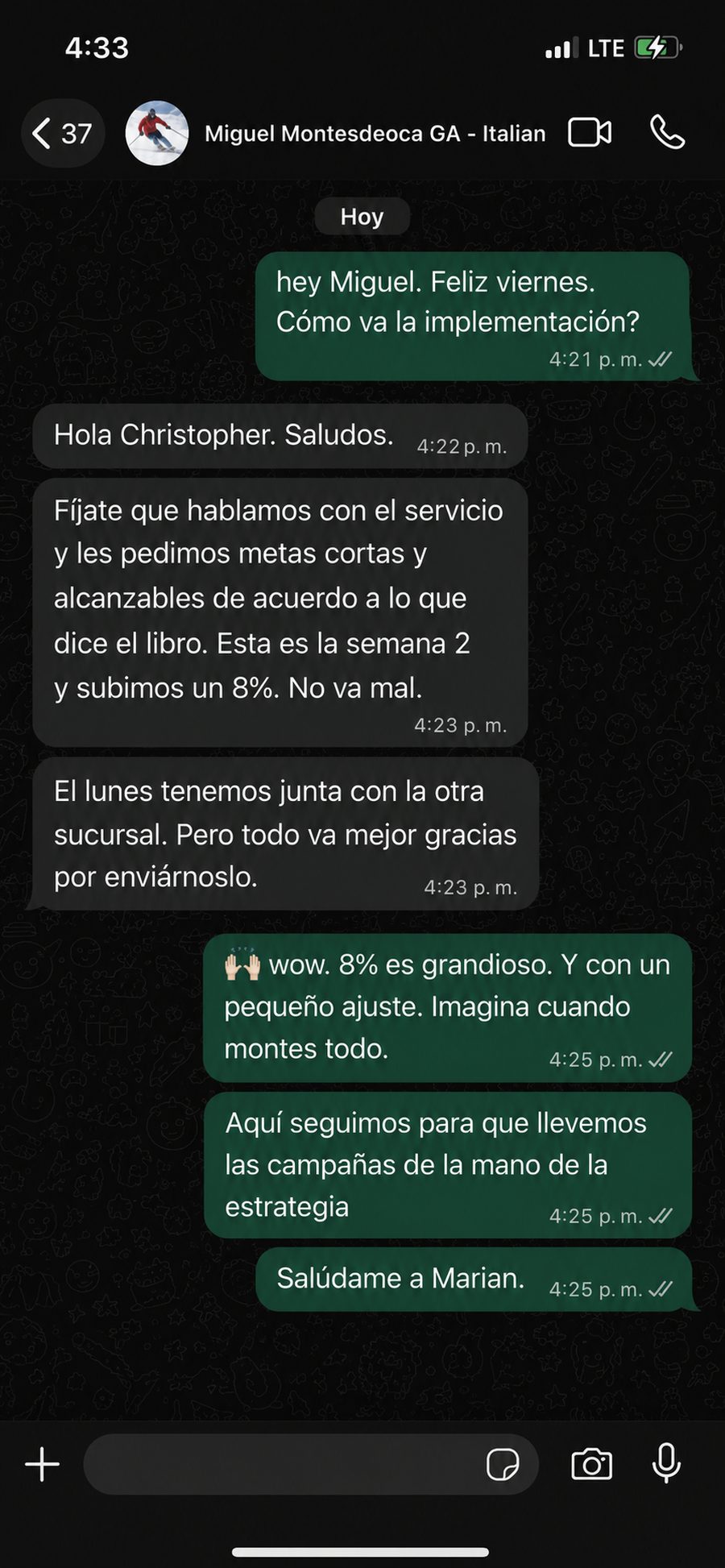 Conversación de WhatsApp con Miguel Montesdeoca (restaurante italiano): en la semana 2 ya subieron un 8%.